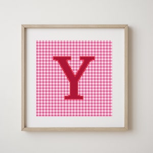 Letter Y, cross stitch alphabet pattern, red letter on pink gingham background, monogram, modern decor, downloadable PDF pattern