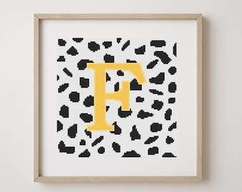 Letter F, cross stitch alphabet pattern, yellow letter on dalmatian spots, monogram, modern decor, downloadable PDF pattern