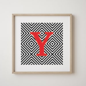 Letter Y, cross stitch alphabet pattern, red, monogram, modern decor, downloadable PDF pattern