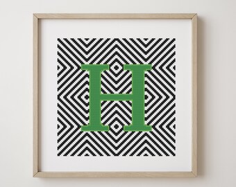 Letter H, cross stitch alphabet pattern, green, monogram, modern decor, downloadable PDF pattern