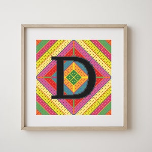 Letra D, patrón abecedario en punto de cruz, en negro sobre fondo geométrico multicolor, monograma, decoración moderna, patrón PDF descargable