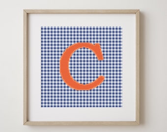 Letter C, cross stitch alphabet pattern, orange letter on royal blue gingham background, monogram, modern decor, downloadable PDF pattern