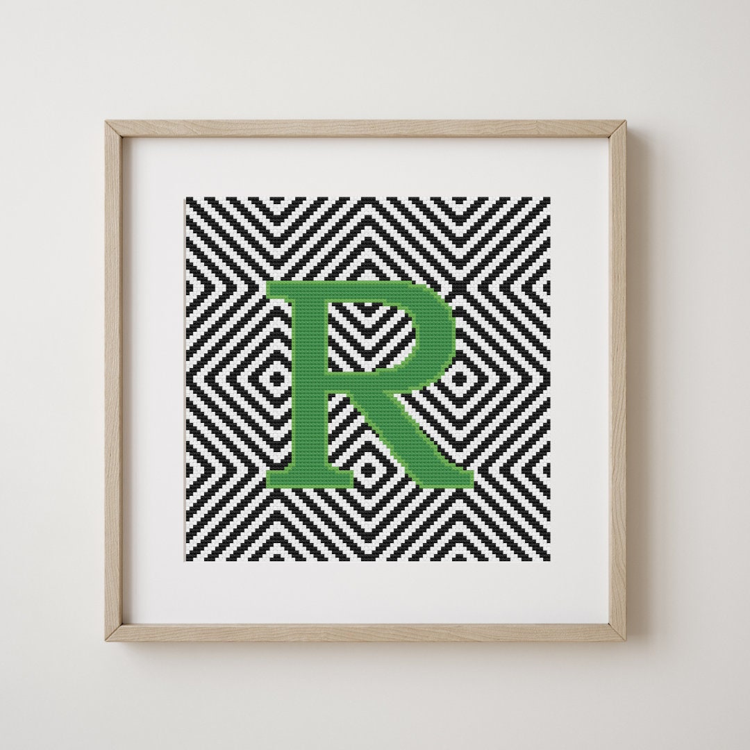 Letter R, Cross Stitch Alphabet Pattern, Green, Monogram, Modern Decor ...