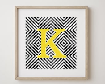 Letter K, cross stitch alphabet pattern, monogram, modern decor, downloadable PDF pattern