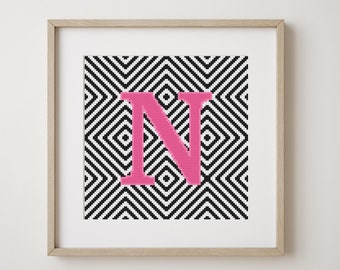 Letter N, cross stitch alphabet pattern, pink, monogram, modern decor, downloadable PDF pattern