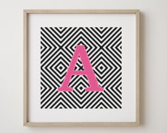 Letter A, cross stitch alphabet pattern, pink, monogram, modern decor, downloadable PDF pattern