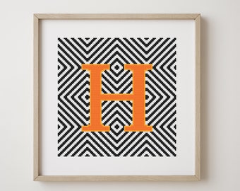 Letter H, cross stitch alphabet pattern, orange, monogram, modern decor, downloadable PDF pattern