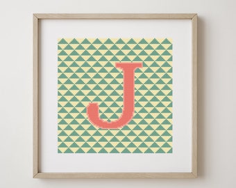 Letter J, cross stitch alphabet pattern, coral on green and yellow, monogram, modern decor, downloadable PDF pattern