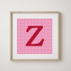 Letter Z, cross stitch alphabet pattern, red letter on pink gingham background, monogram, modern decor, downloadable PDF pattern