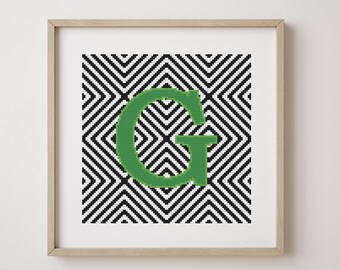 Letter G, cross stitch alphabet pattern, green, monogram, modern decor, downloadable PDF pattern