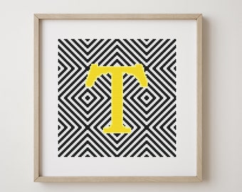 Letter T, cross stitch alphabet pattern, monogram, modern decor, downloadable PDF pattern