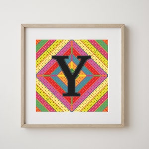 Letter Y, cross stitch alphabet pattern, in black on a multicoloured geometric background, monogram, modern decor, downloadable PDF pattern
