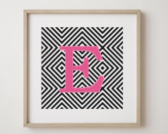 Letter E, cross stitch alphabet pattern, pink, monogram, modern decor, downloadable PDF pattern