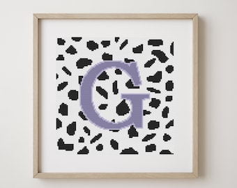 Letter G, cross stitch alphabet pattern, lilac letter on dalmatian spots, monogram, modern decor, downloadable PDF pattern
