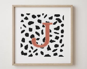 Letter J, cross stitch alphabet pattern, terracotta letter on dalmatian spots, monogram, modern decor, downloadable PDF pattern