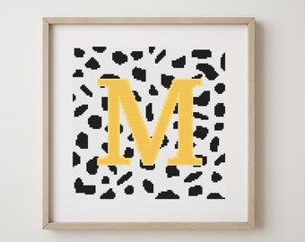 Letter M, cross stitch alphabet pattern, yellow letter on dalmatian spots, monogram, modern decor, downloadable PDF pattern
