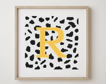 Letter R, cross stitch alphabet pattern, yellow letter on dalmatian spots, monogram, modern decor, downloadable PDF pattern
