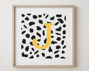 Letter J, cross stitch alphabet pattern, yellow letter on dalmatian spots, monogram, modern decor, downloadable PDF pattern