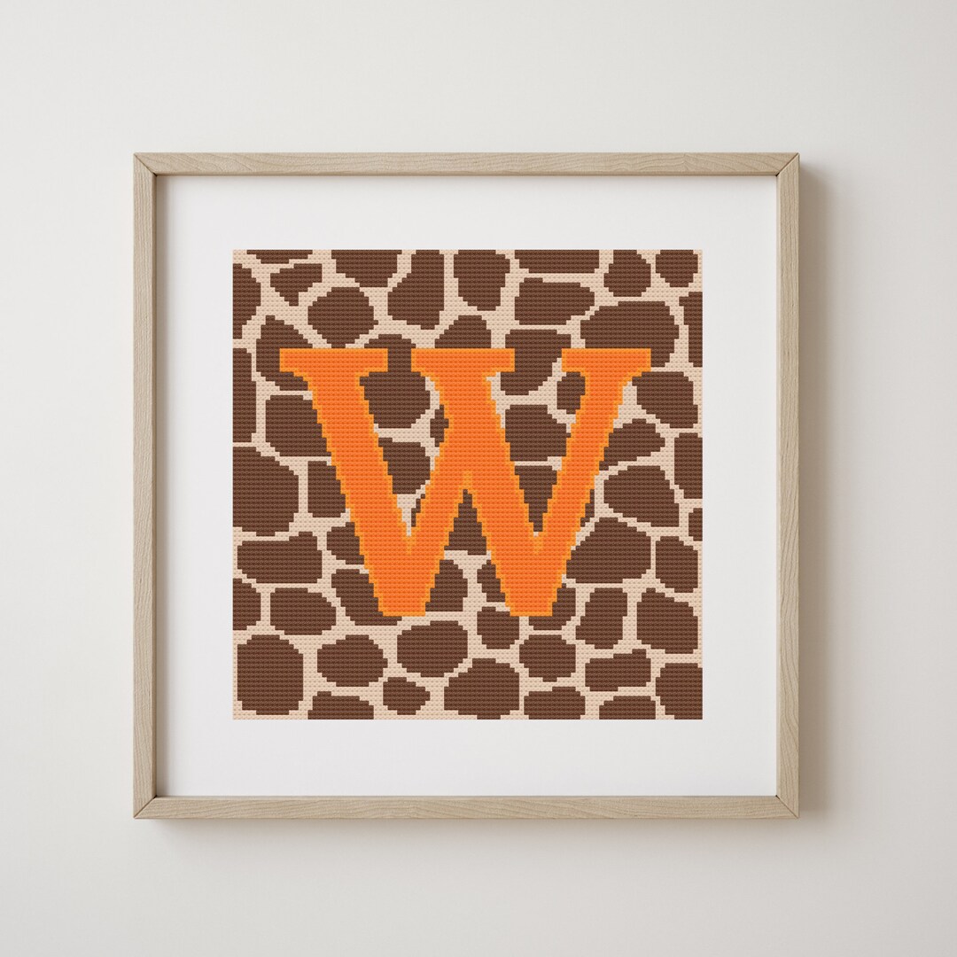 Letter W, Cross Stitch Alphabet Pattern, Orange Letter on Giraffe Print, Monogram, Modern Decor
