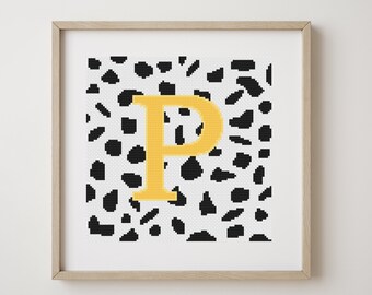 Letter P, cross stitch alphabet pattern, yellow letter on dalmatian spots, monogram, modern decor, downloadable PDF pattern
