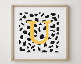 Letter U, cross stitch alphabet pattern, yellow letter on dalmatian spots, monogram, modern decor, downloadable PDF pattern
