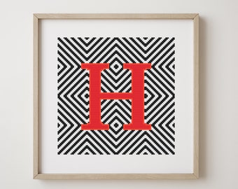 Letter H, cross stitch alphabet pattern, red, monogram, modern decor, downloadable PDF pattern