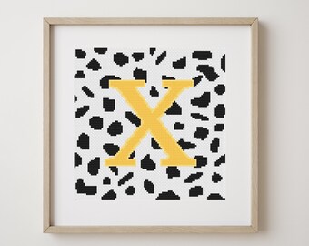 Letter X, cross stitch alphabet pattern, yellow letter on dalmatian spots, monogram, modern decor, downloadable PDF pattern