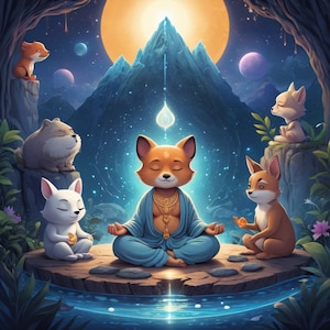 May include: A blue and orange fox meditating in a lotus position with a glowing light above its head. The fox is surrounded by other foxes and a mountain in the background.
