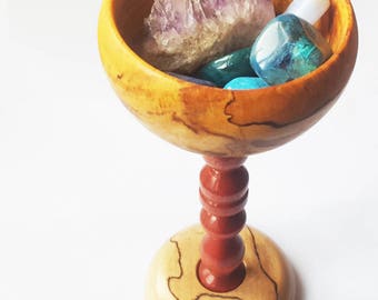 goblet style trinket dish turned from spalted elm and pink ivory wood