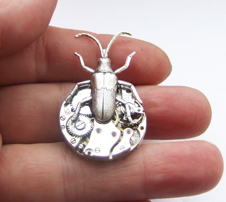 Steampunk silver beetle brooch image 5