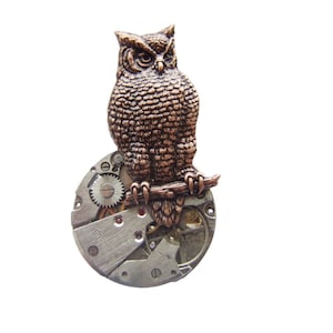 Steampunk owl brooch, she hunted by the light of the clockwork moon