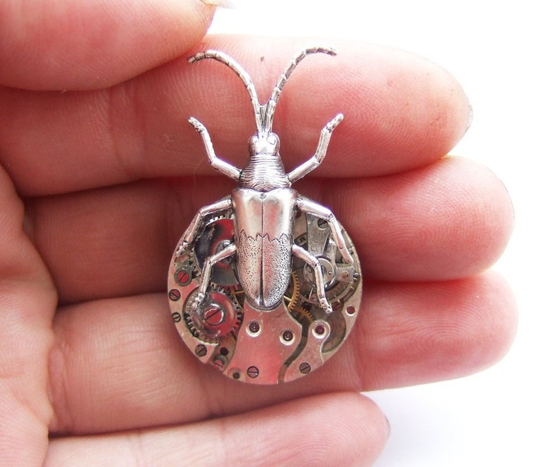 Steampunk silver beetle brooch image 4