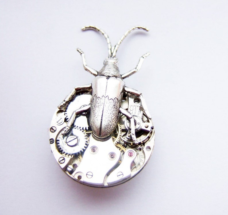 Steampunk silver beetle brooch image 3