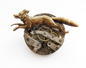 The clockwork fox winds the springs - steampunk brooch