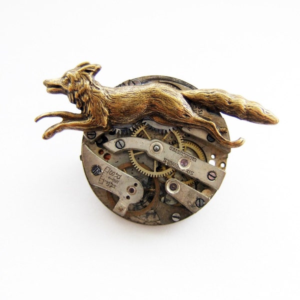 The clockwork fox winds the springs - steampunk brooch