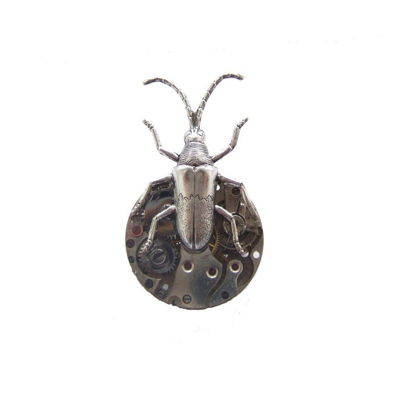 Steampunk silver beetle brooch image 1