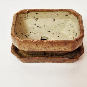 May include: A rectangular ceramic bonsai pot with a matching saucer. The pot features a speckled cream-colored interior and a glossy, mottled brown exterior glaze. The rim is slightly rounded, and a drainage hole is visible at the base.