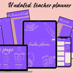 Puede incluir: Un planificador digital para profesores con un fondo morado y ilustraciones blancas. El planificador incluye una página de inicio, notas semanales, reflexión semanal, seguimiento de tareas semanales, calificaciones semanales y un calendario mensual. El texto "Teacher Planner" está escrito en blanco sobre el fondo morado.