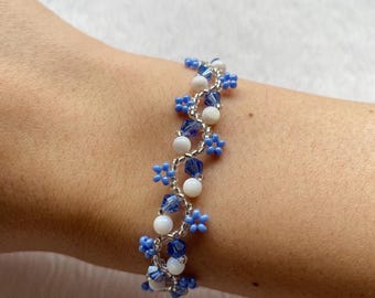 Pulsera de cuentas, pulsera de flores, pulsera hecha a mano, collar de piedras preciosas, collar de cuentas, nácar, cuentas de cristal, regalo para ella