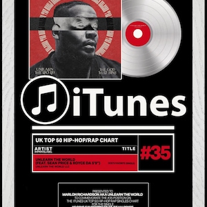 May include: A silver record plaque with a red center and a black background. The plaque features a music note and the text "iTunes" in white. The plaque also features the text "UK Top 50 Hip-Hop/Rap Chart" in white. The plaque also features the text "#35" in red. The plaque also features the text "Artist: Unlearn the World (Feat. Sean Price & Royce Da 5'9')" in white. The plaque also features the text "Title: God's Favorite Single" in white. The plaque also features the text "Presented to Marlon Richardson aka Unlearn the World to commemorate the #35 position on the iTunes UK Top 50 Hip-Hop/Rap Singles Chart for the single "God's Favorite" feat. Sean Price & Royce Da 5'9" on the week of March 10th, 2024" in white.