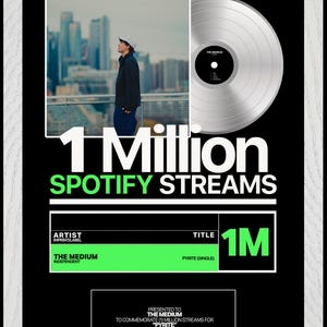 May include: A silver record plaque with a black background and a green border. The plaque commemorates 1 million Spotify streams for the song "Pyrite" by The Medium. The plaque features a photo of a person standing in front of a city skyline.