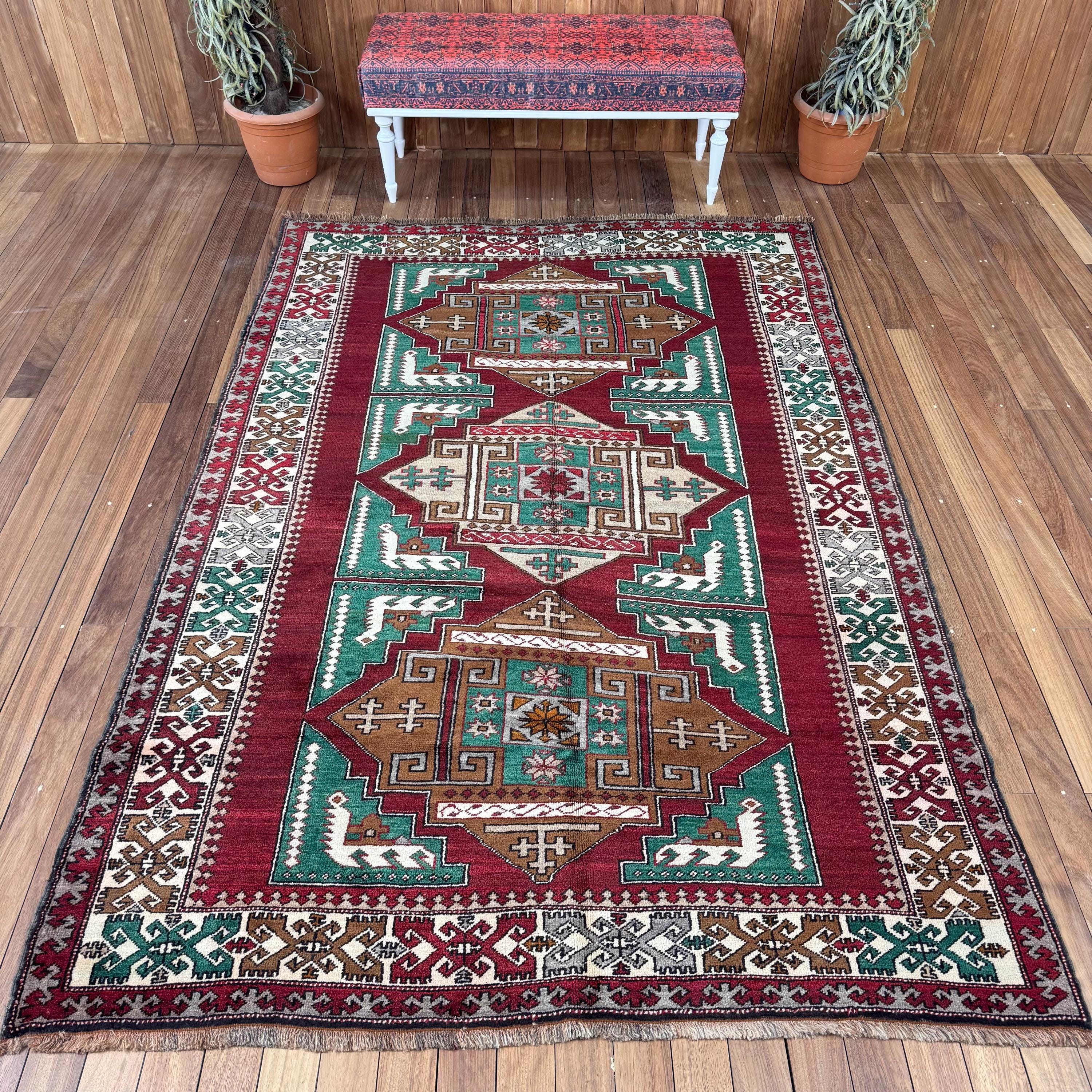 6x9インチの大型ラグ、ヴィンテージラグ、トルコラグ、ロングパイルの