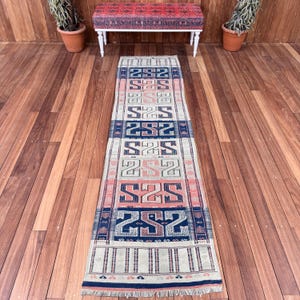 2.3x8.8 ft Vintage Rug, Turkish Runner Rug, Blue Red Bordered Wool Rug