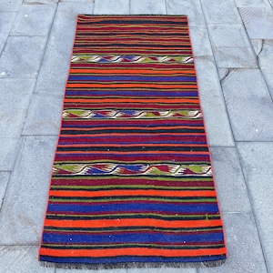 Turkish Kilim, Accent Kilim, Vintage Kilim, Striped Oushak Kilim, Rugs For Kitchen, 2.8x6 ft Orange Kilim, Luxury Vintage Wool Area Rug,
