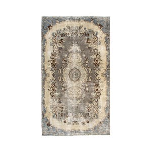 Alfombra turca grande de 149 x 267 cm (4,9 x 8,8 pies), alfombra vintage de lana gris degradada.