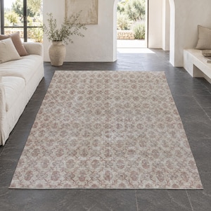 Turkish Oushak Rug, Extra Large Rug in Gray and Pink Floral Pattern, 7.1x10.3, Vintage Hand Knotted Rectangular Living Room Area Rug