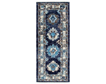 Alfombra turca Oushak de 86 x 210 cm (2,8 x 6,9 pies), alfombra vintage de lana azul.