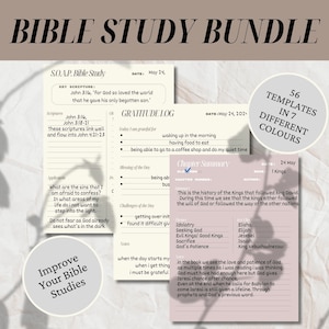 May include: A printable Bible study bundle with 56 templates in 7 different colors. The bundle includes a SOAP Bible study template, a gratitude log, and a chapter summary template. The templates are designed to help you improve your Bible study.