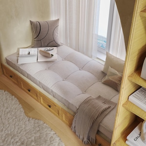 Tufted Window Bench Cushion, Custom Bench Seat Cushion, Washable Linen Bench Cushion