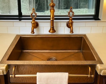 Fregadero de cobre Marrakech, hecho a mano, marroquí, grifos de latón, fregadero rústico